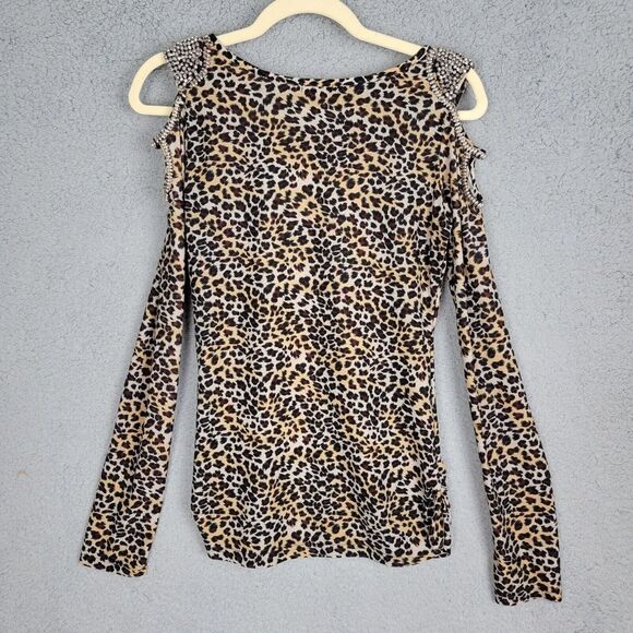 C. Oliver Blouse M Leopard Print Cold Shoulder Stretchy Silver Bead Embellished - Picture 2 of 16